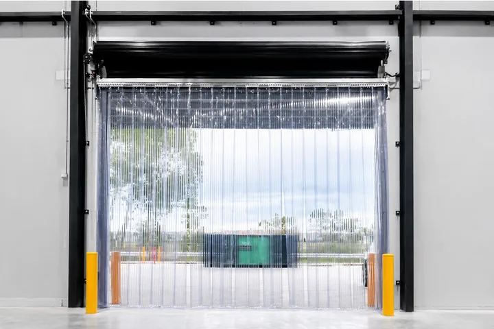 Industrial doorway with PVC strip curtains